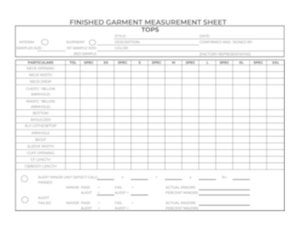 finished garemnt measurment sheet tops